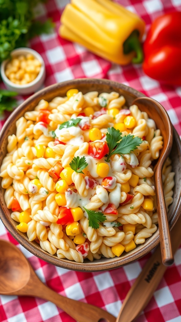 Creamy Corn Pasta Salad Recipe A colorful creamy corn pasta salad with sweet corn, bell peppers, and parsley in a rustic bowl on a picnic table.